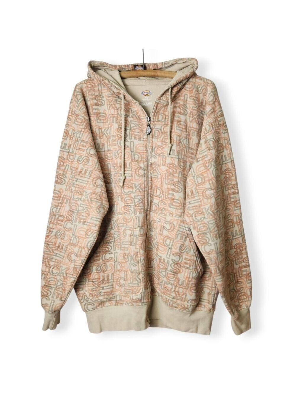 Vintage 2010 Dickies All-Over Logo Zip-Up Hoodie Beige Large